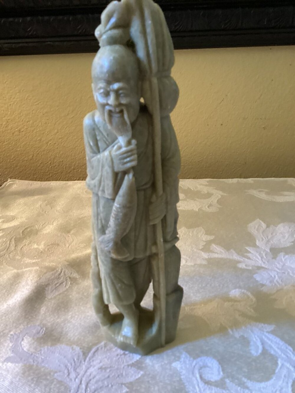Vintage Chinese soap stone hand-carved statue of fisherman and his fish